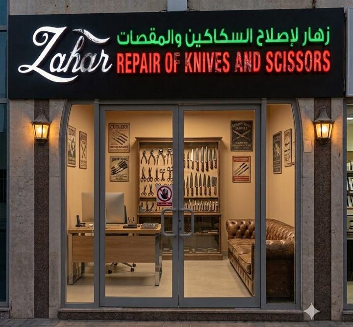 Zahar shop front with neon sign — Repair of Knives and Scissors, Electra, Abu Dhabi